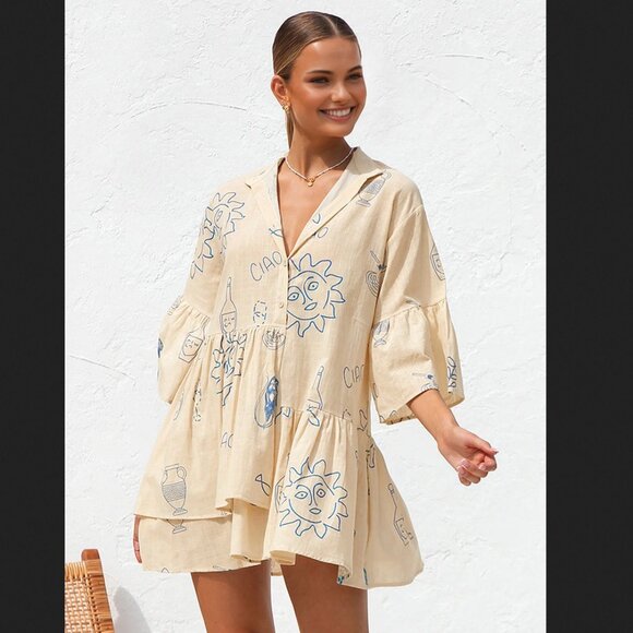 Commense Dresses & Skirts - Commense Small Ivory Blue Oversized Mini Sun Dress Summer Coastal Vacation NEW